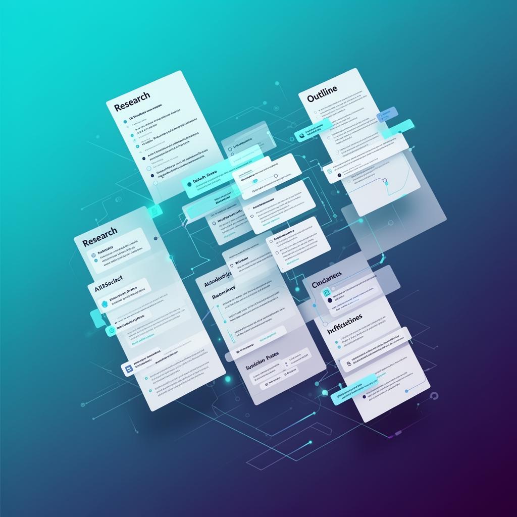 AI organizing research into structured outline showing floating documents transforming into organized sections