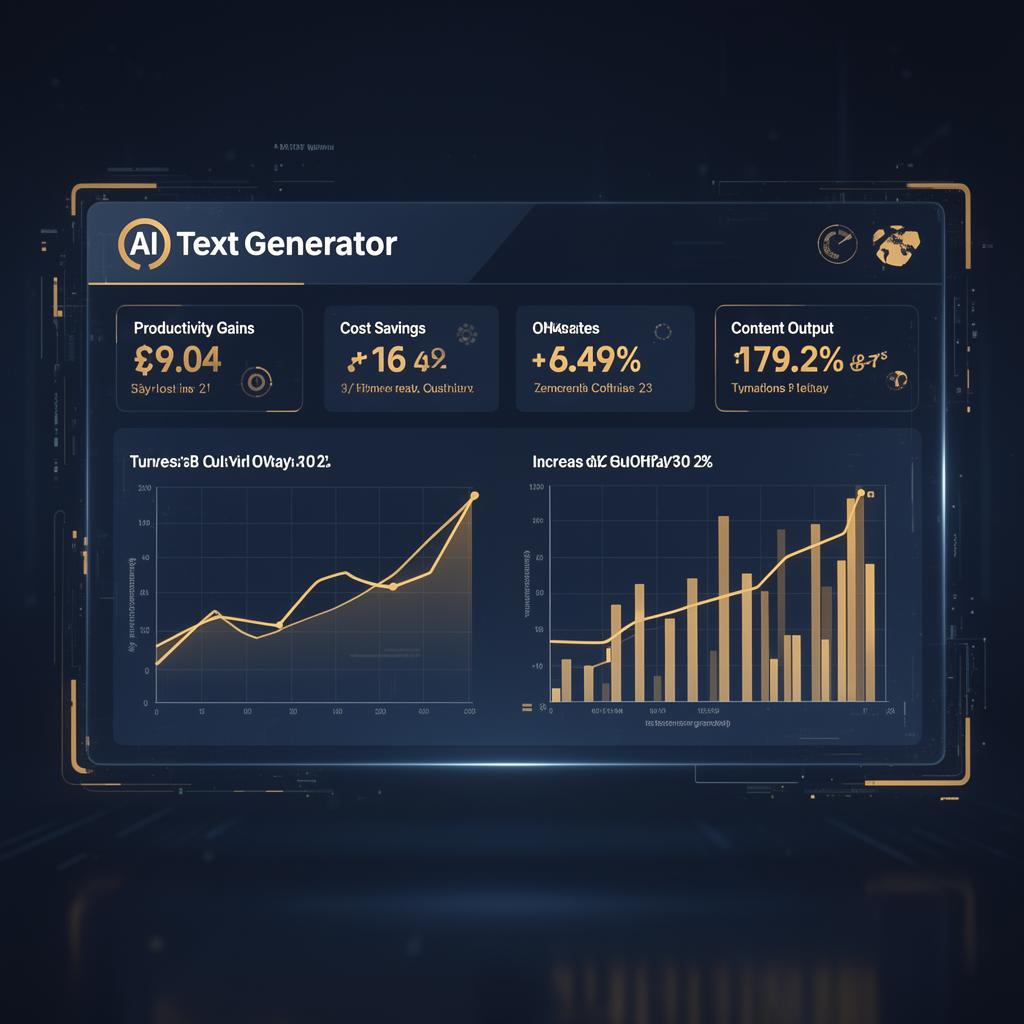 AI text generator ROI analytics dashboard showing productivity gains, cost savings, and content output metrics