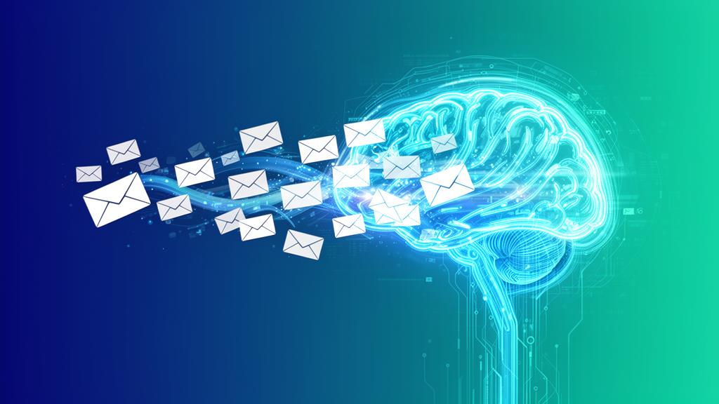 AI technology generating professional business emails visualization with email icons flowing from AI brain representing artificial intelligence email writing