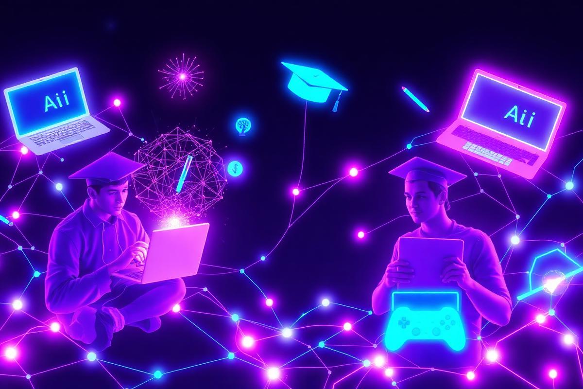Students, writers, and creators using AI tools for creative projects with connected devices and creative elements