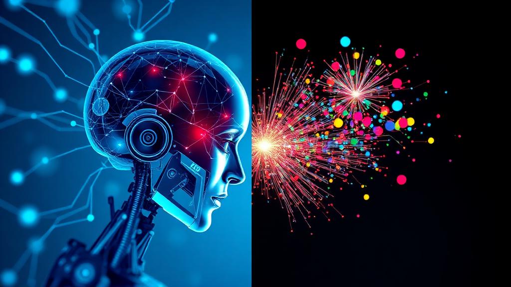 Abstract visual comparison between AI robot brain and human creative mind with neural networks and colorful sparks