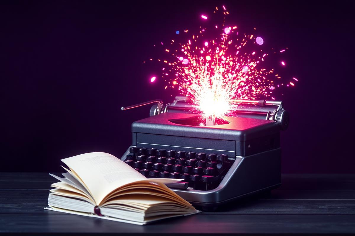 Vintage typewriter with magical sparks and creative inspiration explosion representing writer's imagination
