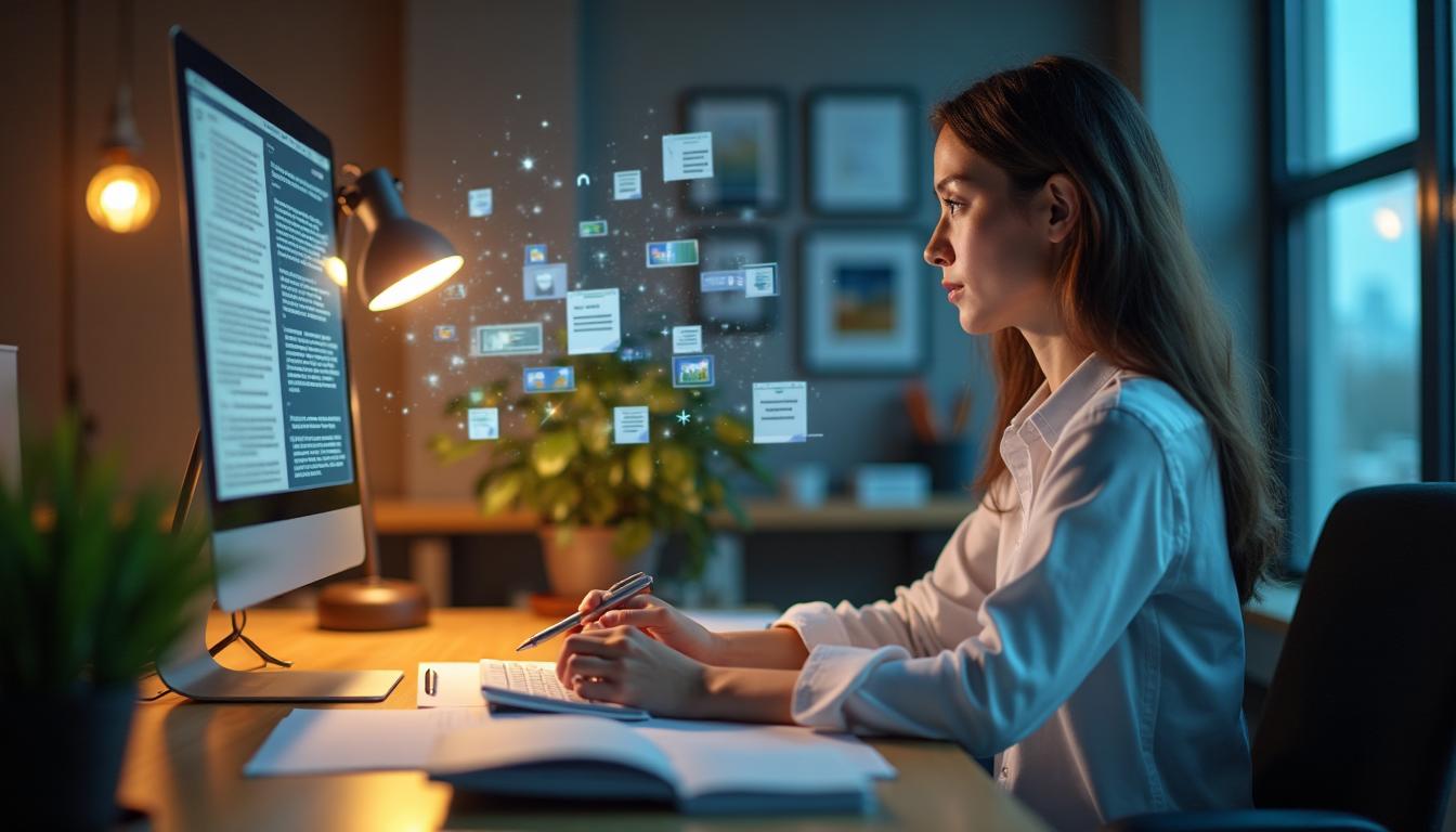 Person working efficiently at computer with AI assistance and multiple completed paragraphs displayed on screen