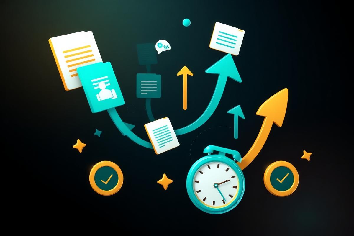Content creation benefits showing productivity improvements, time savings, and quality output with documents and arrows