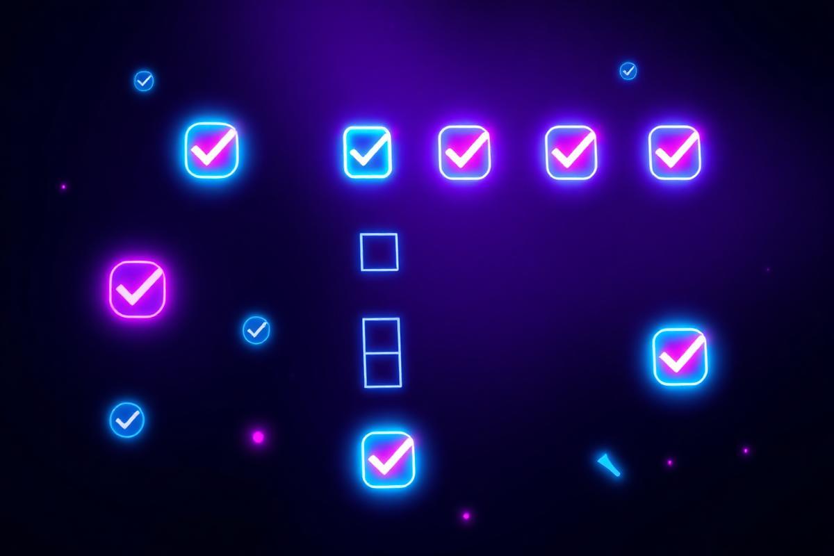 Best practices checklist with glowing checkmarks representing quality assurance and workflow guidelines