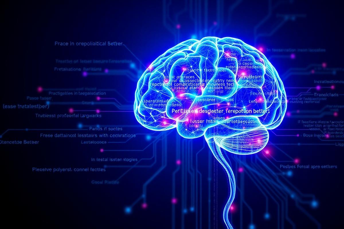 Neural network processing language for AI writing generation with glowing brain and data streams