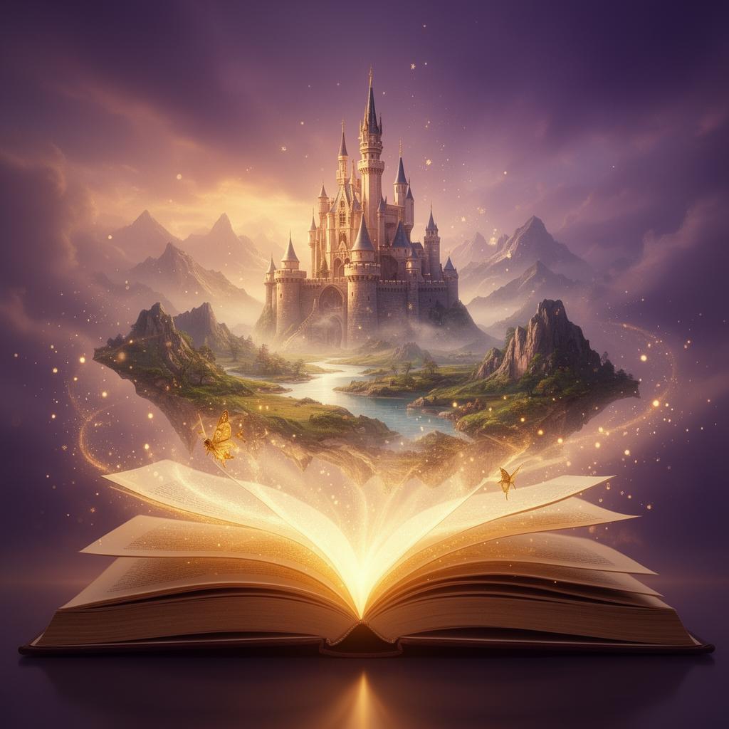 Magical open book with fantasy castle and worlds emerging from glowing pages representing AI story generation
